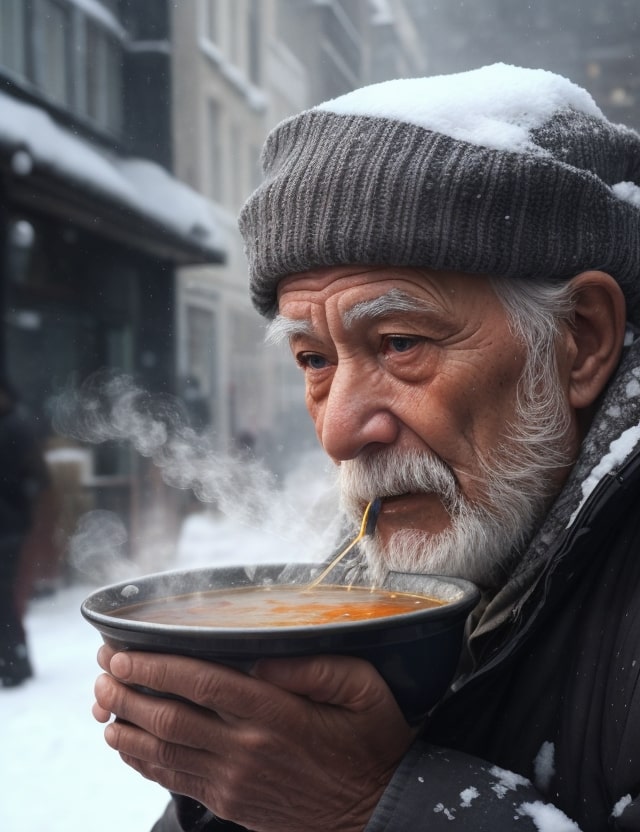 An old man on the street, drinking hot soup, smelling the soup, the soup emanates heat and steam, [while a drop appears on the tip of his nose]. hyper realistic. It's snowing. close-up.