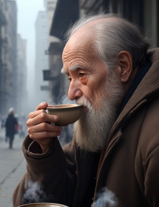 An old man on the street, drinking hot soup with a spoon, the soup emanates heat and steam, while a drop appears on the tip of his nose.