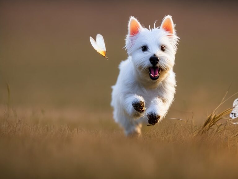 Perrito Westie persiguiendo a una mariposa